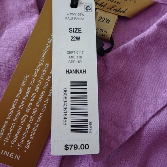 Investments Linen Blouse Top Women's 22W Purple Roll Tab Sleeves - Picture 7 of 8